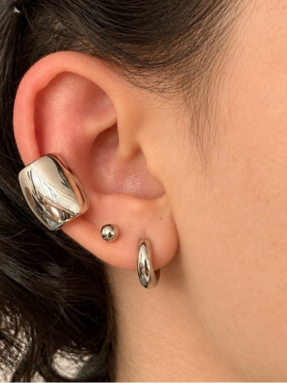 Rhodium Plated Chunky Silver Ear Cuff Wide Sculptural Statement Ear Jewelry